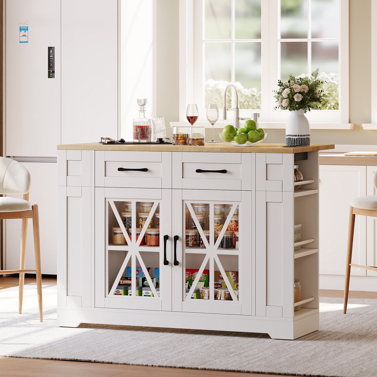 COVREO Keukenkast 120 x 40/65 x 92 cm - met klaptafel, glazen deuren, USB, AC en wielen