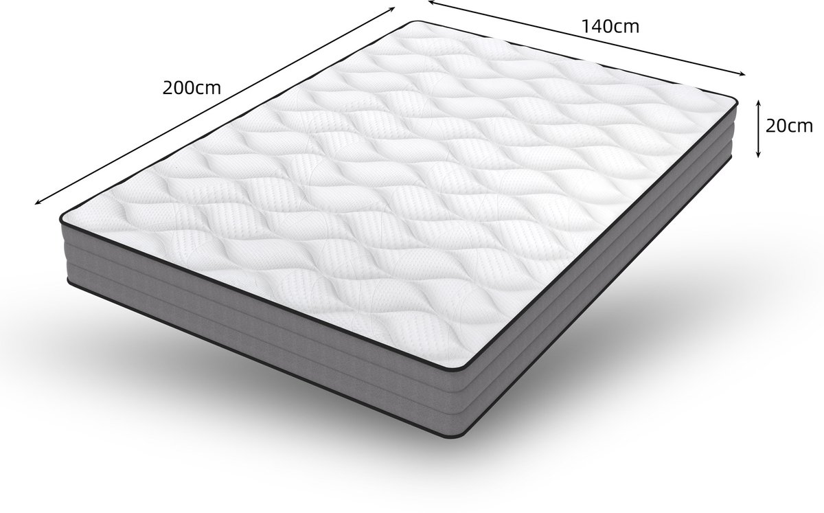 Pocketveringmatras 140x200 cm – 7 zones met traagschuim – H3 – 20 cm hoog – circa 1000 veren – Wit/grijs