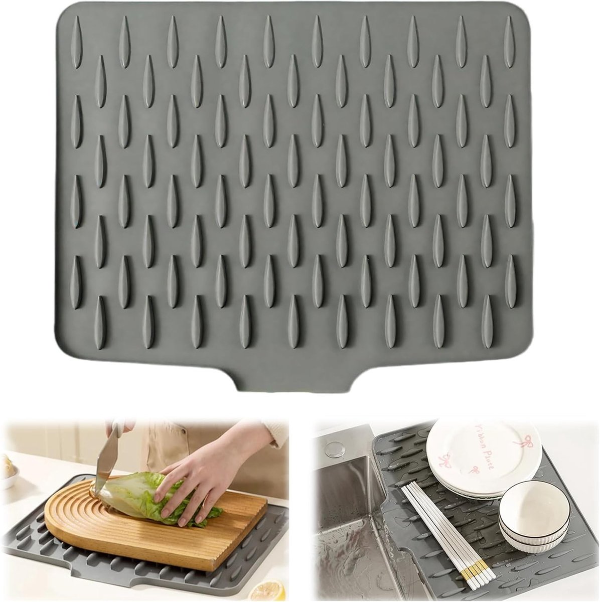 Afdruipmat voor keuken en badkamer, lekvrij siliconen ontwerp, schuine wateromleiding, werkbladbescherming 40 x 32,5 cm, ideaal voor servies en keukengerei