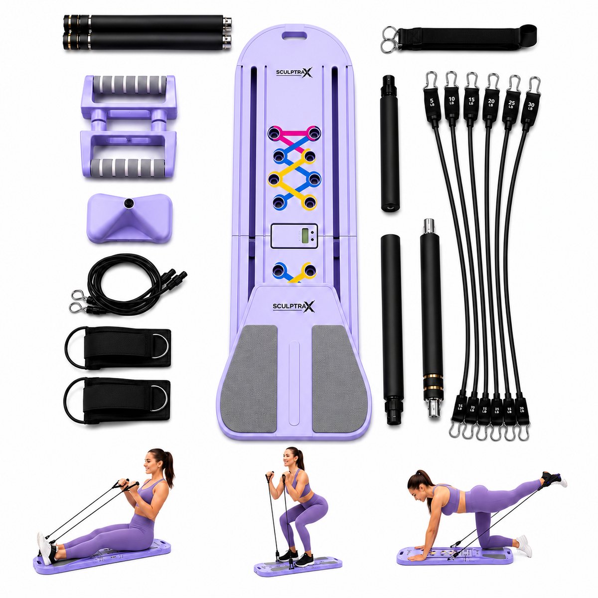 SkulptraX Pilates Board Pro – Opvouwbare Pilates Reformer Bord & Core Trainer – Met Weerstandsbanden, Pilates Bar Set en Opbergtas – Lavender Edition