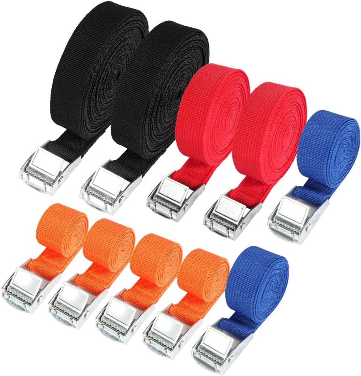 Set van 10 spanbanden met klemsluiting, 25 mm breed, voor vrachtvervoer en opslag, tot 250 kg, lengtes van 1 m tot 6 m, verkrijgbaar in 4 kleuren en 4 maten.