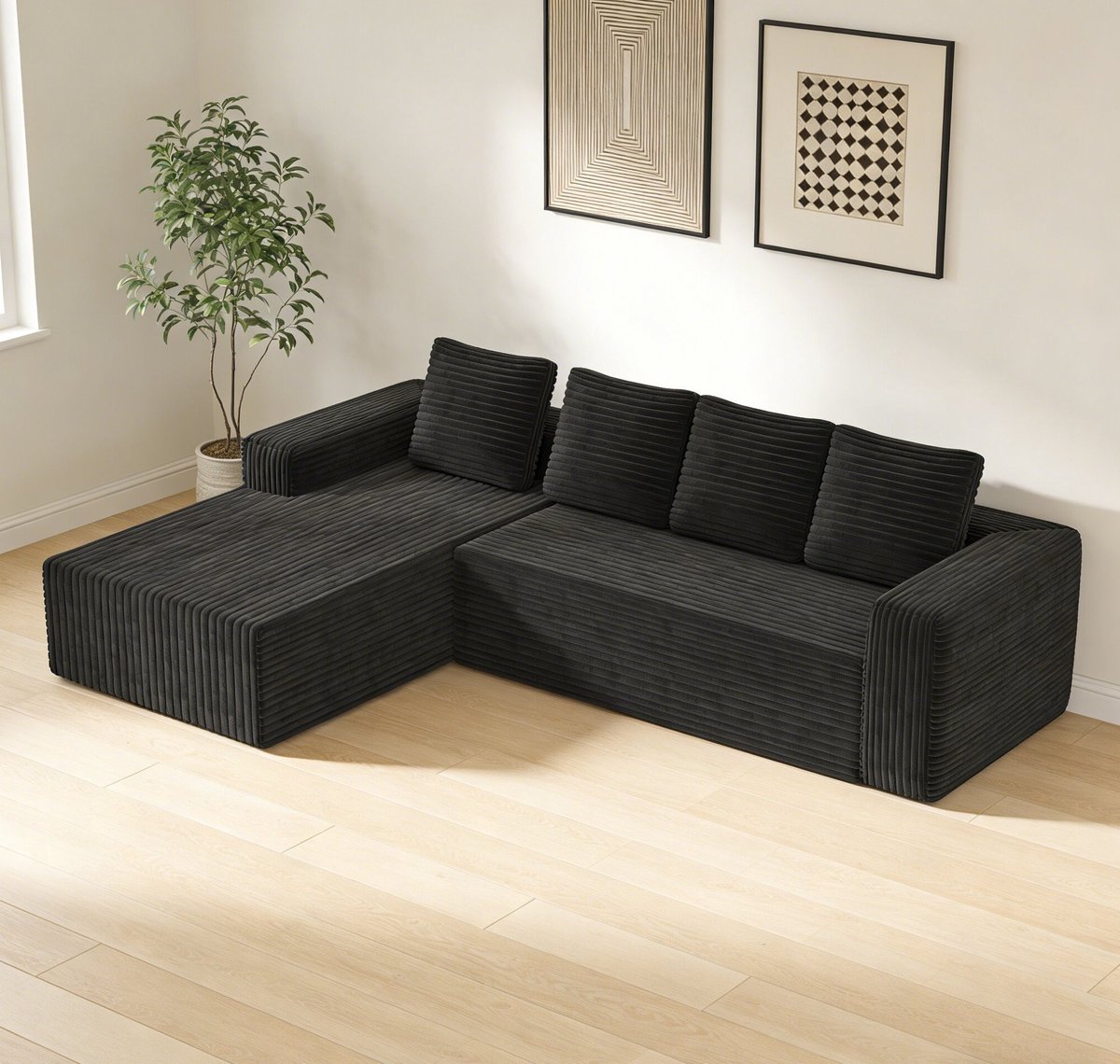 MIVRAY Hoekbank 261 x 168 x 58 cm - Modulaire L-vorm Met Chaise Longue En Diepe Zitting - Voor Woonkamer En Slaapkamer - Corduroy Zwart