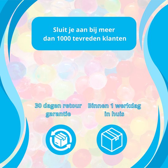 Achtergrond van veelkleurige waterparels met tekst 'Sluit je aan bij meer dan 1000 tevreden klanten', '30 dagen retour garantie' en 'Binnen 1 werkdag in huis'.