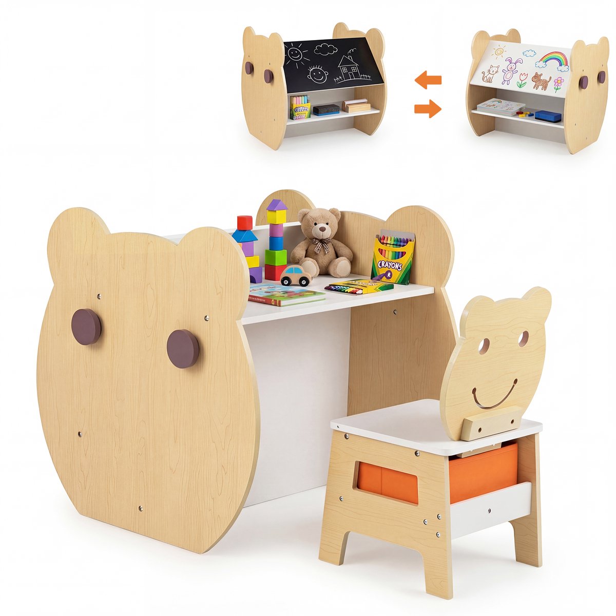 COSTWAY 3-in-1 kindertafel met berenvormige stoel, tekentafel met omkeerbaar krijtbord & whiteboard, kindersitzgroep met haken, stoffen lade, opbergruimte, activiteitentafel voor kinderen vanaf 3 jaar (Natuur)
