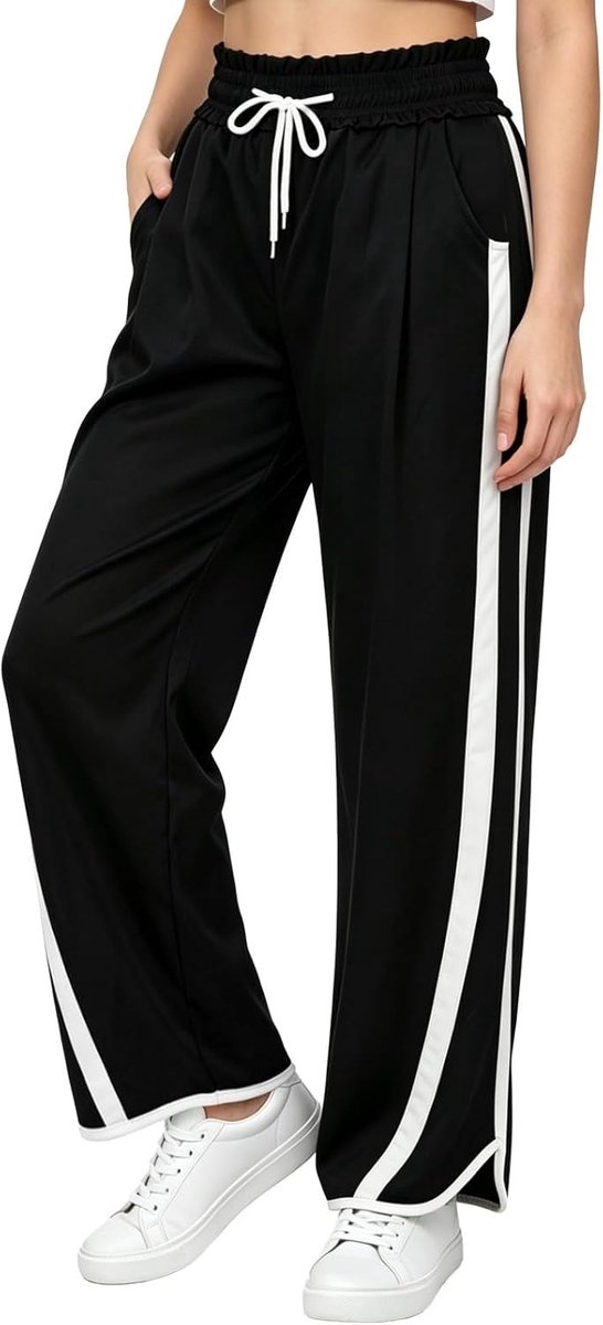 Dames Joggingbroek met Wijde Pijpen in Y2K-Stijl, Hoge Taille, Comfortabele Trainingsbroek met Zakken en Kleurblokkendesign voor Sport en Vrije Tijd