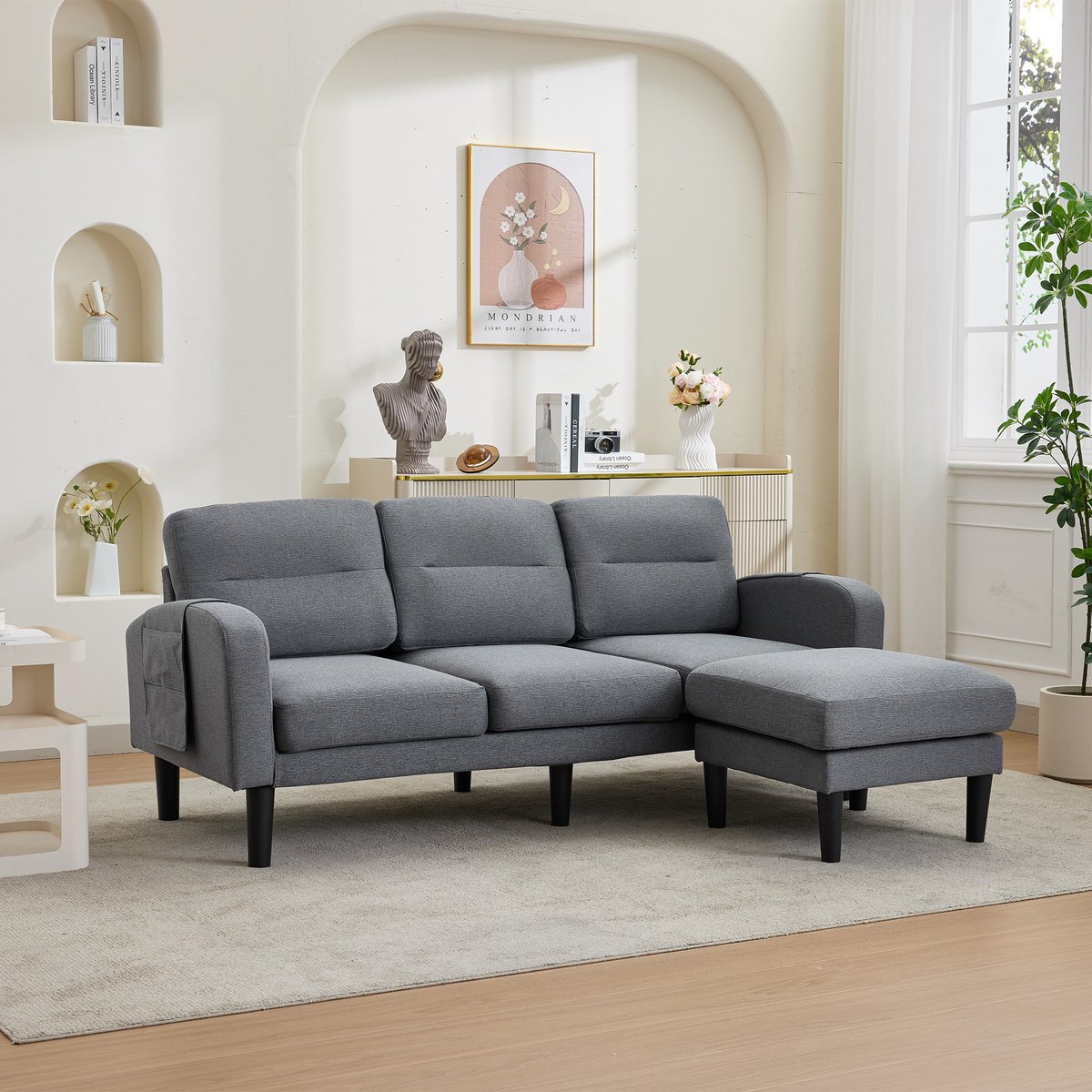 Moderne Hoekbank, L-Bank, L-Vormige Hoekbank, 3-Zits Met Chaise Longue, Kleine Hoekbank, Opbergvak Aan De Zijkant, 10 Poten, Geschikt Voor De Woonkamer, 204X136X80 cm,Grijs