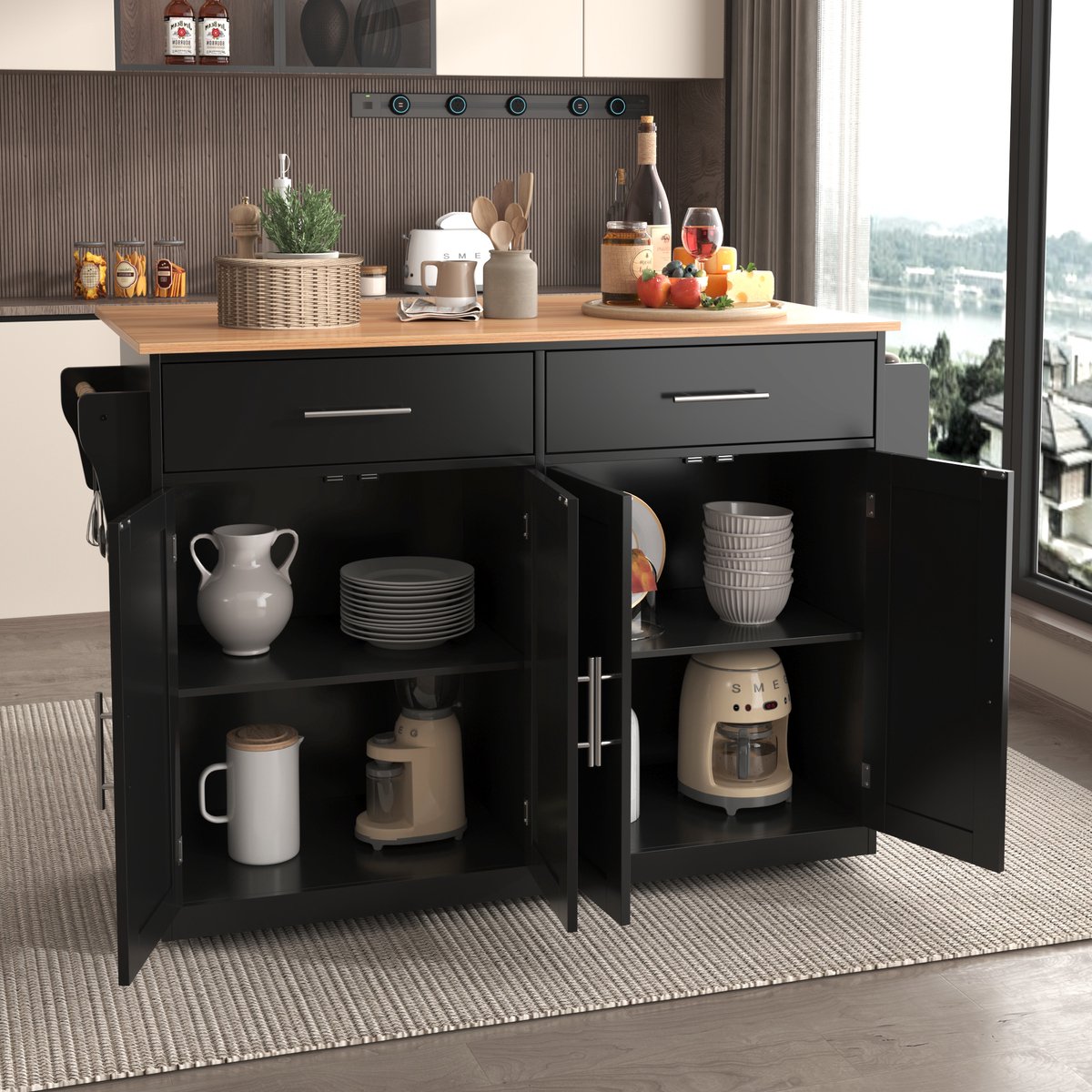 COVREO Keukenwagen 120 x 46 x 91 cm - klapbare tafelblad, met rollen en houten poten, zwart