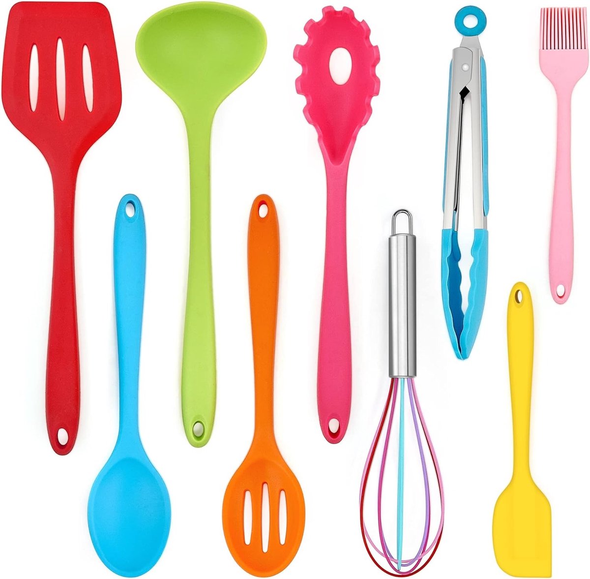 Complete Keuken Gereedschap Set van 9 Stukken, Hittebestendige Silicone Keukenhulpmiddelen, Inclusief Spatel, Garde en Grilltangen voor Koken en Bakken, Kleurrijk en Duurzaam