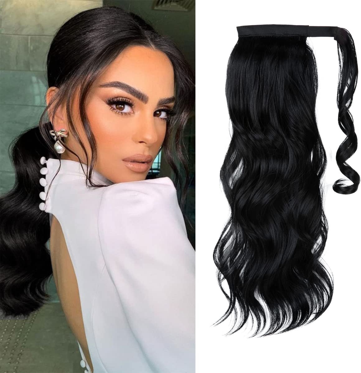 LISM-45 cm lange haarextensie Geschikt voor een paardenstaart, bevestigd aan een haarclip, krullende, golvende synthetische haarextensie, gitzwart, Geschikt voor vrouwen.