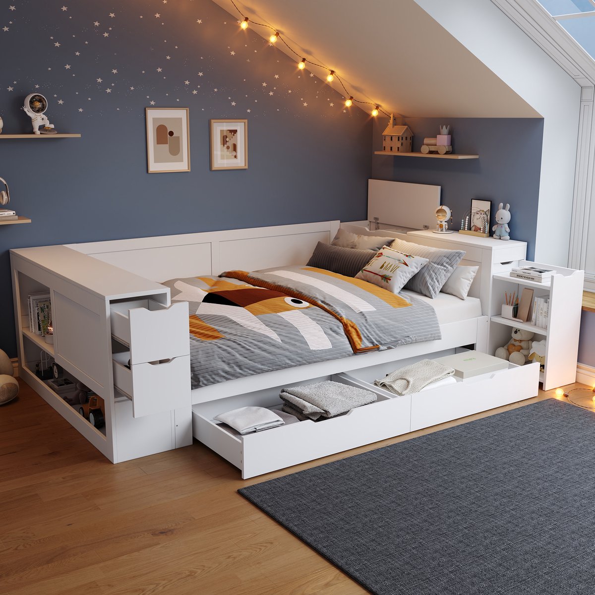Tweepersoonsbed 140 x 200 cm – wit – voor kinderkamer en tienerkamer – praktisch ruimtebesparend ontwerp – praktische slaapoplossing voor dagelijks