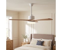 Plafondventilator met lamp - Diameter 106.6 cm - LED dimbaar & 6 snelheden - Massief houten bladen - Modern - Natuurlijk hout en Wit