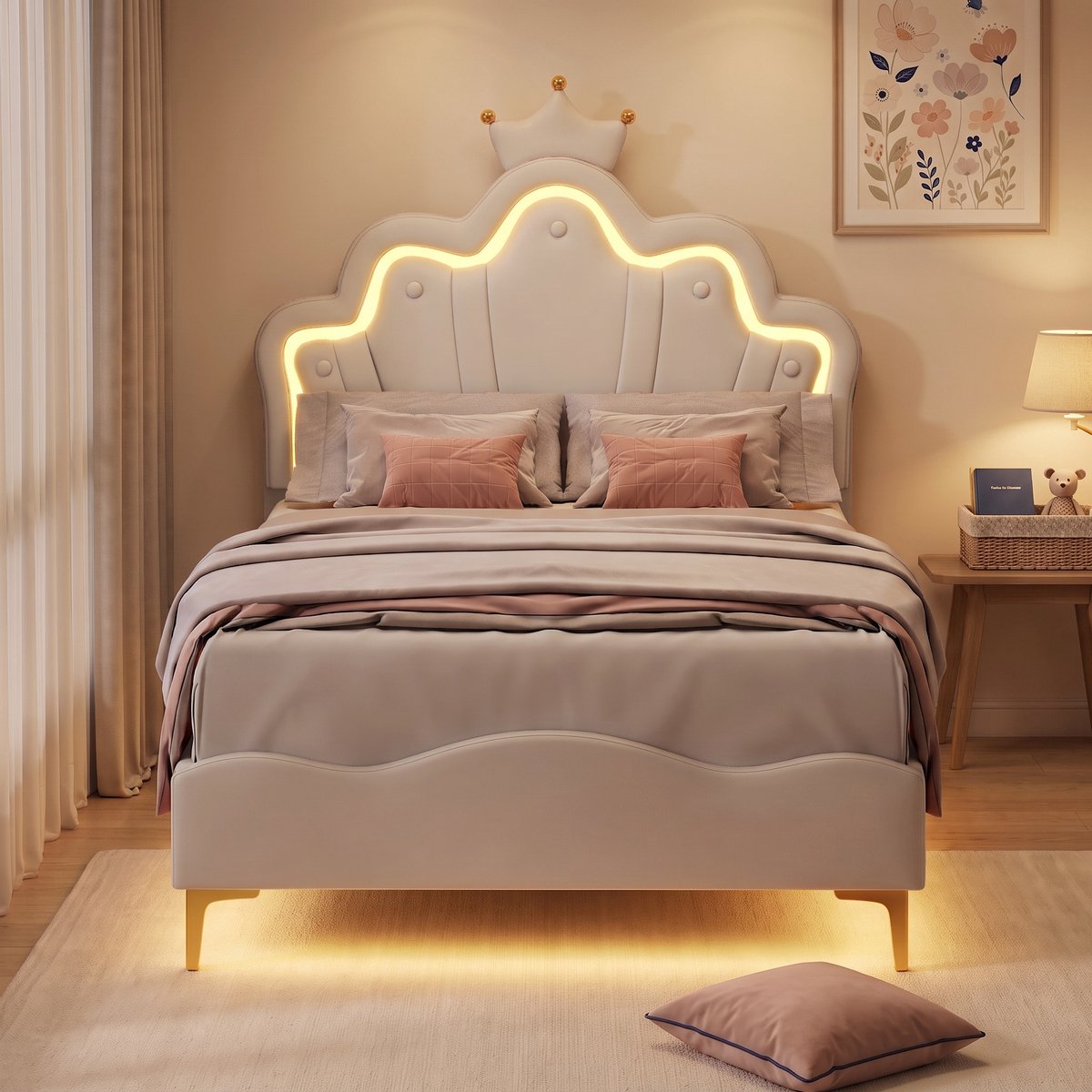Gestoffeerd Eenpersoonsbed 90x200 cm - Kinderbed met LED en Kroon Hoofdbord - Lattenbodem - Kunstleer - Wit