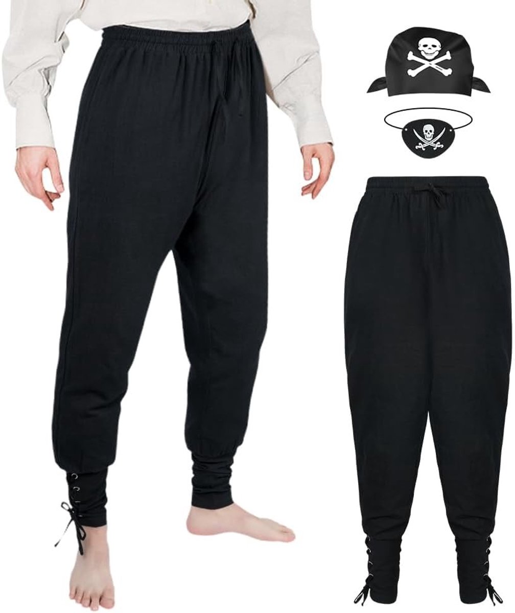 Piratenbroek voor Mannen - 3-delige Medieval Viking Renaissance Kostuum met Blinde Doek en Bandana, Katoenen Broek met Touwtjes en Elastische Taille