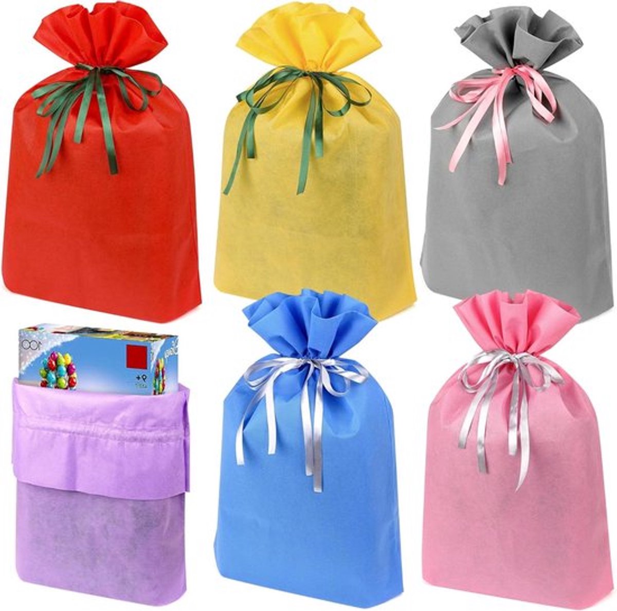 Herbruikbare draagtassen met trekkoord-Feestzakjes-Kerst verjaardag-Kerstmis- 6 stuks herbruikbare draagtassen met trekkoord, niet-geweven stoffen feestzakjes voor verjaardag, Kerstmis, compatibel met bouwstenen (veelkleurig)