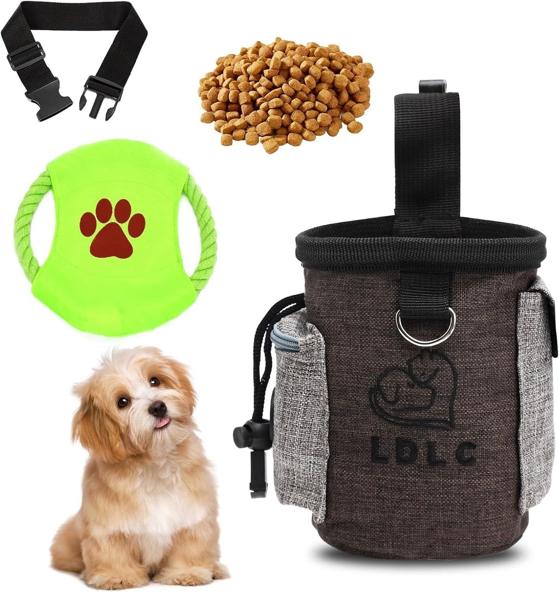 Voederzak voor Honden met Poepzakdispenser, Verstelbare Leash en Frisbee Speeltje voor Training en Beloningen
