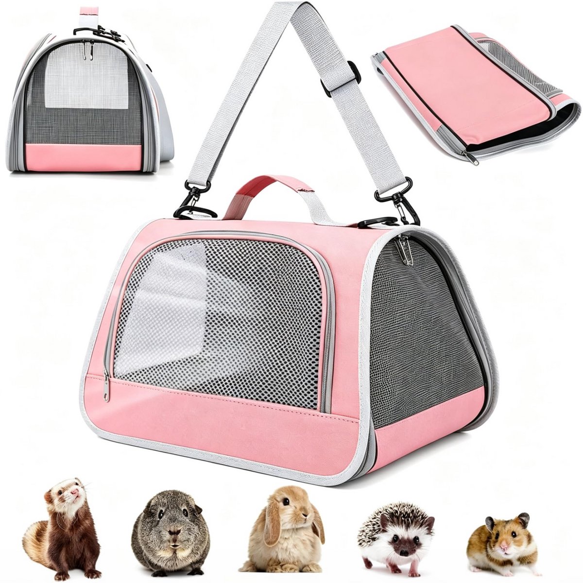 Namajunas - Draagbare Hamsterkooi - 41x26x26cm - Ademend gaas en kijkvenster - Roze - Reismand kat - Draagmand - Voor hamsters, chinchilla's, konijnen, egels en suikereekhoorns - Veilig & Comfortabel Onderweg - Katten vervoersbox