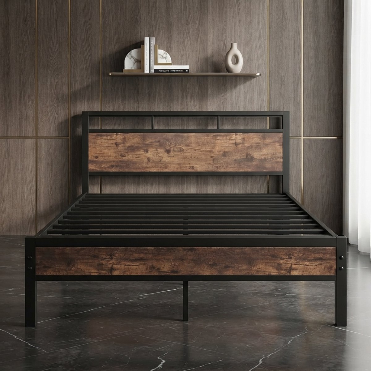 Industrieel Metalen Bedframe 120x200 cm - 120x200 cm - Zwart - Novihome