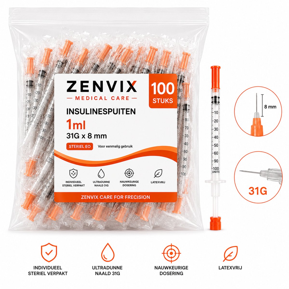 Zenvix® Insulinespuit - 1 ML – 31G x 8 mm – 100 Stuks - Insulinespuit - Injectiespuit met Naald - Insuline Naalden - Injectiespuit