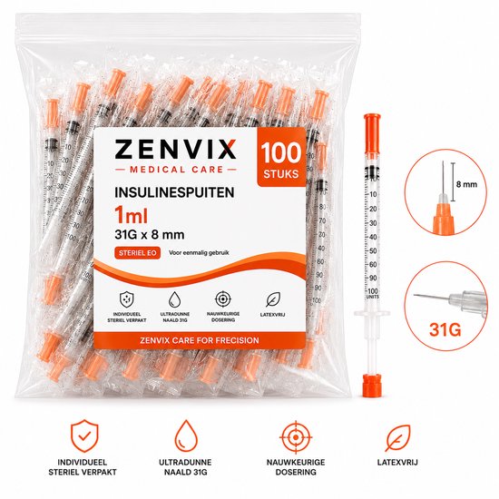 Verpakking met 100 steriele insulinespuiten van 1 ml, 31G x 8 mm, met oranje dopjes.