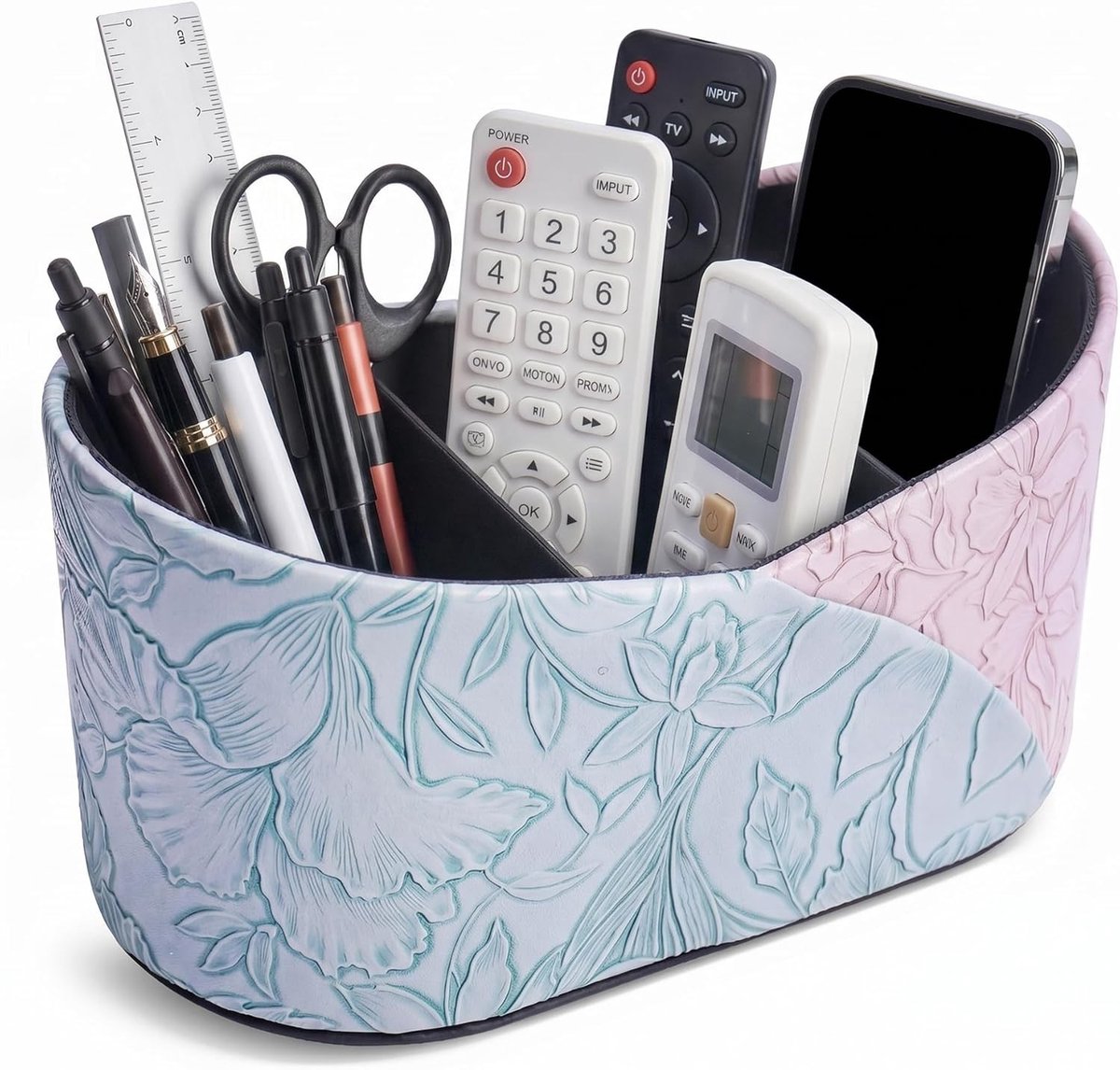 Multifunctionele organizer voor bureau met 3 compartimenten, afstandsbediening houder en potloodhouder in blauw en paars