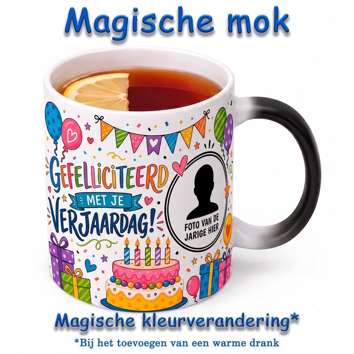 Gepersonaliseerde Magische Verjaardagsmok met Foto – Kleurveranderende Mok Gefeliciteerd met je Verjaardag – Warmtegevoelige Fotomok – Mok met Eigen Foto van de Jarige – Cadeau voor Verjaardag – Zwarte Mok wordt Wit bij Warme Drank