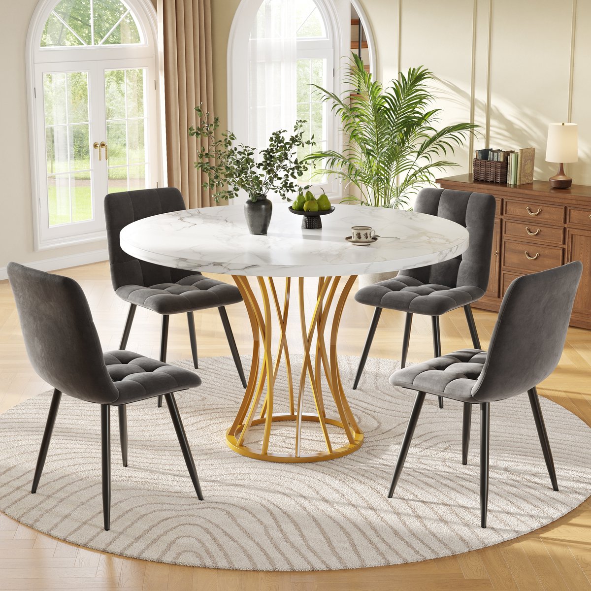 DESMIU Eettafelset 80 Cm - 5-Delig Met Ronde Tafel En 4 Stoelen - Voor Keuken En Eetkamer - Metaal, MDF En Fluweel - Wit, Goud, Grijs