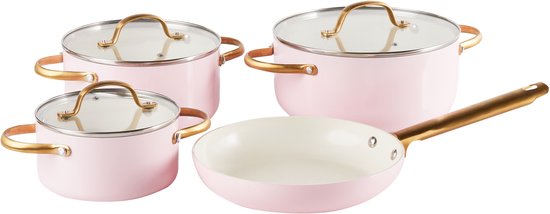 Service de casseroles rose avec poignées dorées et couvercles en verre, incluant une poêle.