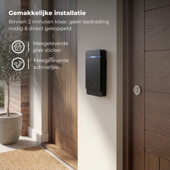 Bangosa Draadloze Deurbel met 2 Ontvangers - Stopcontact Ontvangers Zonder Batterijen - IP44 Waterdicht - 300m Bereik - Plug & Play - Zwart — afbeelding 2