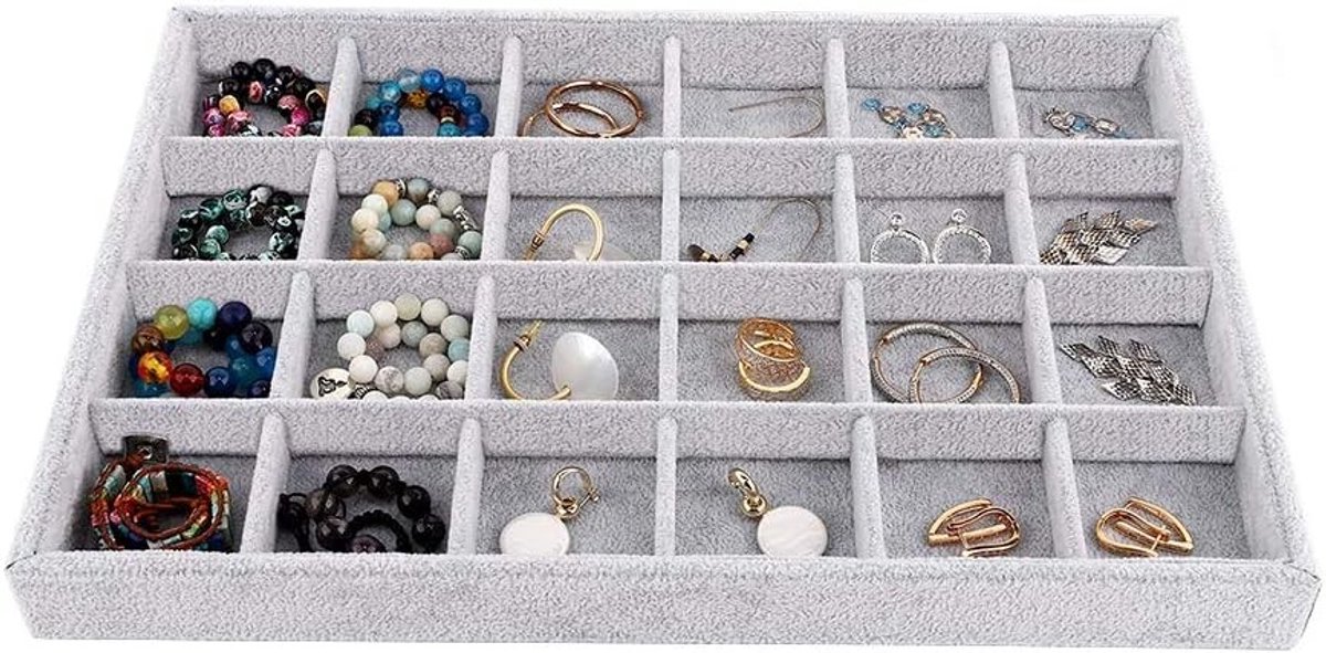 24 Grids Sieraden Organizer voor Kettingen, Armbanden, Ringen en Oorbellen - Stapelbare Velours Opbergdoos in Grijs