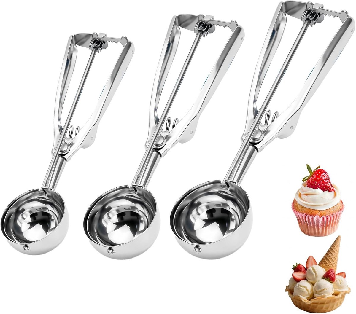 3-delige koekjesportioneerset van roestvrij staal voor het maken van ijsballen, koekjes en muffins – ergonomisch ontwerp, vaatwasmachinebestendig en ideaal voor gehaktballen