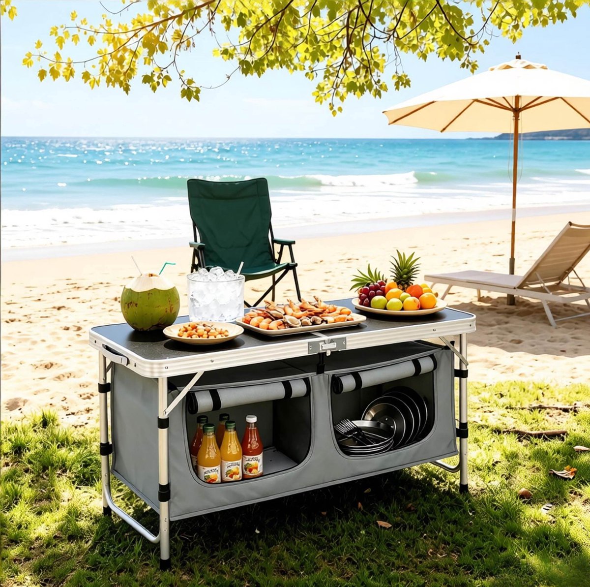 FloraGrace Picknicktafel - Opklapbare Tuintafel Met Verstelbare Hoogte En Opbergtas - Voor Camping En Tuin - Aluminium MDF - 120x47 Cm