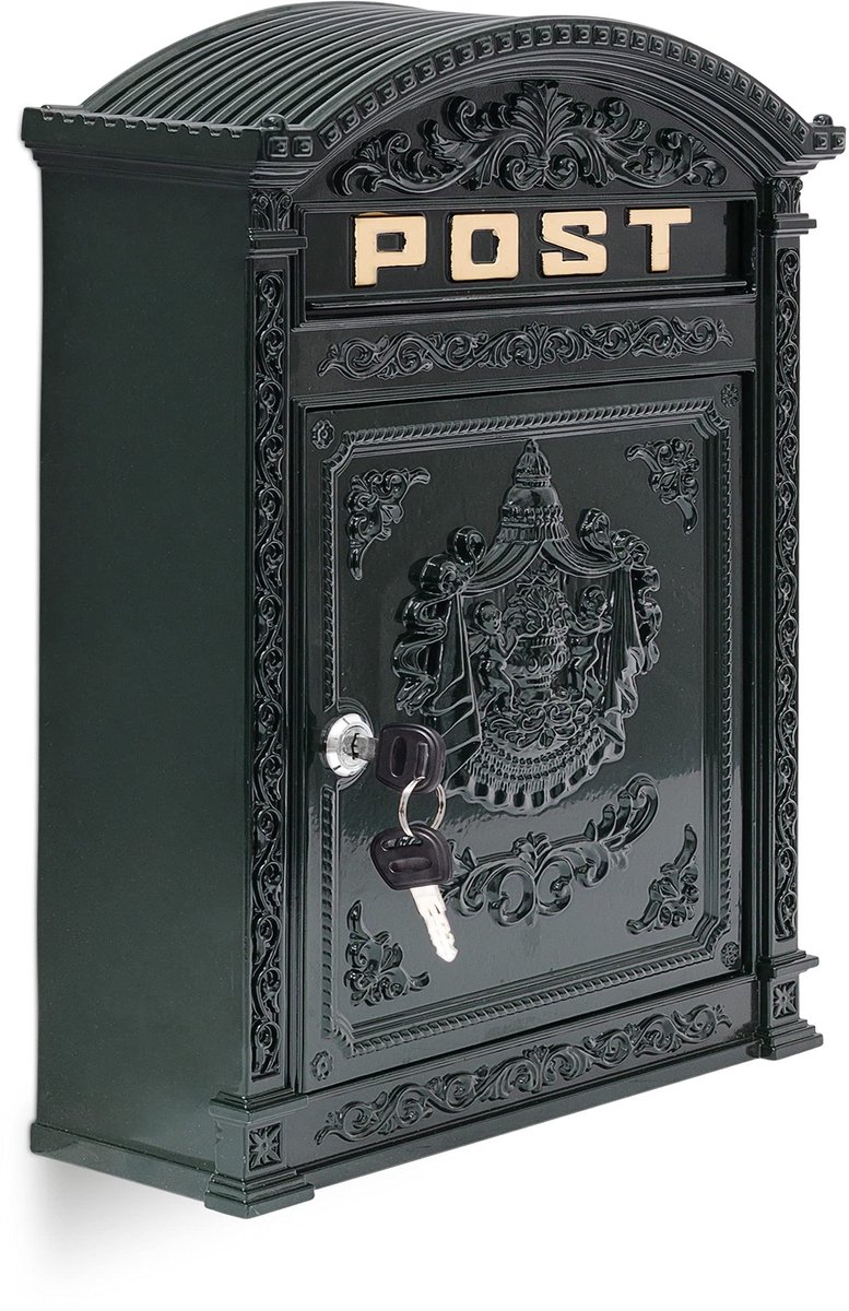 Famanu – Antieke Engelse muurbrievenbus van gegoten aluminium, nostalgische brievenbus met brede brievengleuf voor A4 enveloppen, : 44,5 x 31 x 9,5 cm, groen