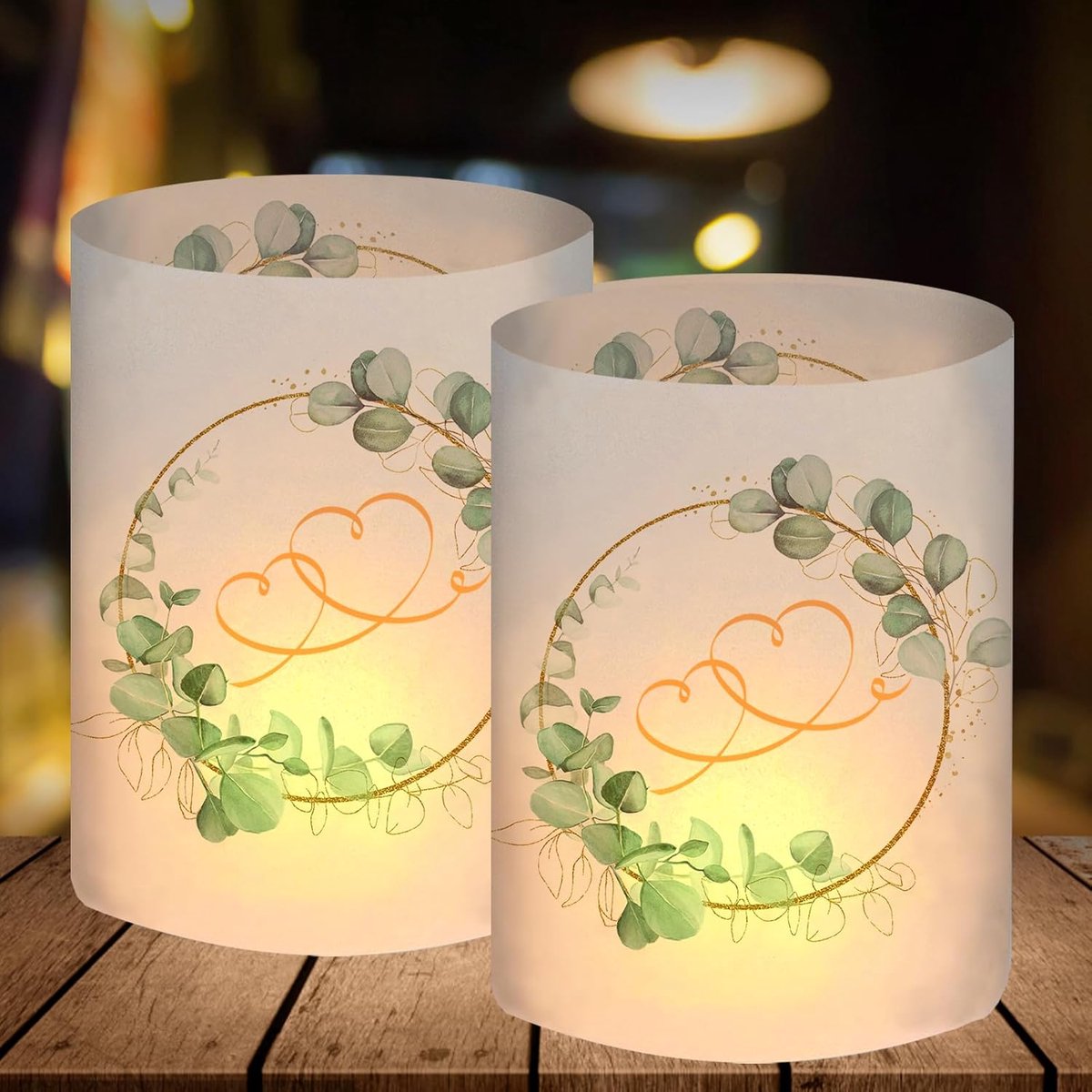 Lantaarns tafeldecoratie 12 stuks - eucalyptus motief - liefdevolle boodschap - perfect voor binnen - ShopVlot