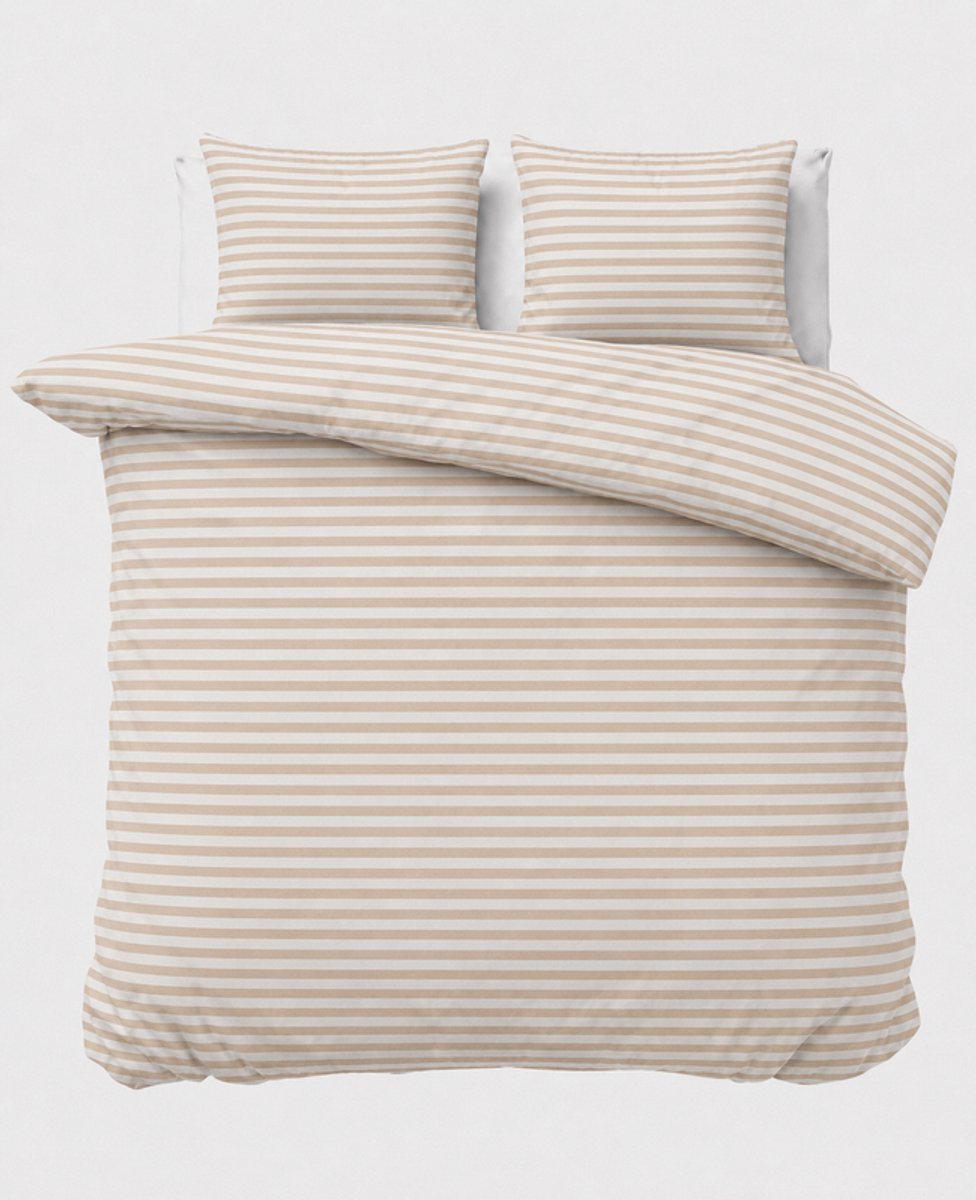 SLEEPIO Soft Cotton Dekbedovertrekset 3-delig 160x220 cm – Inclusief Laken 160x240 – 1 Kussensloop 50x70 – 100% Katoen – Beige/Wit Gestreept