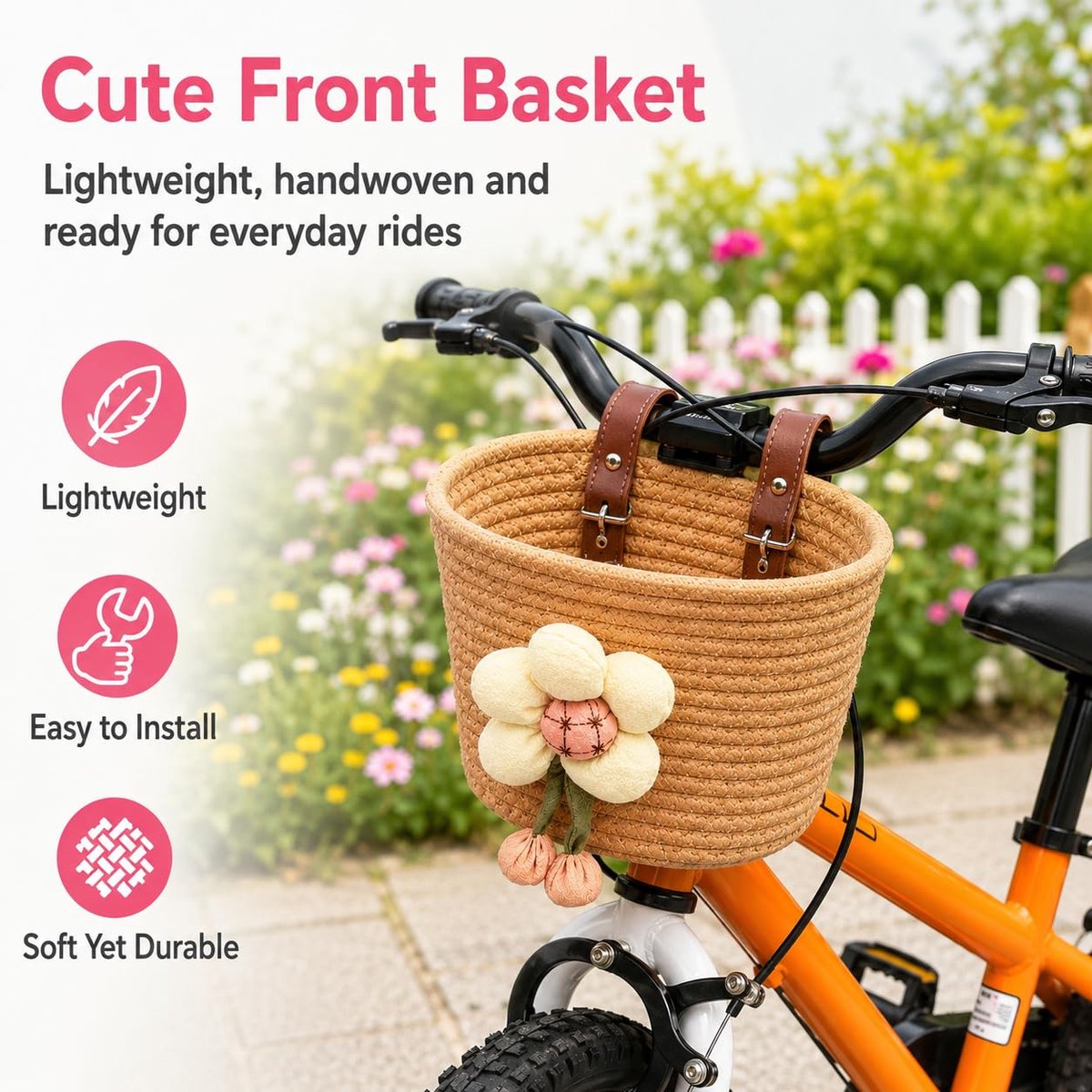 Fietsmand voor kinderen - handgemaakt gevlochten katoen - roze met bloemendecoratie - veilige stuurmand voor meisjes - ShopVlot