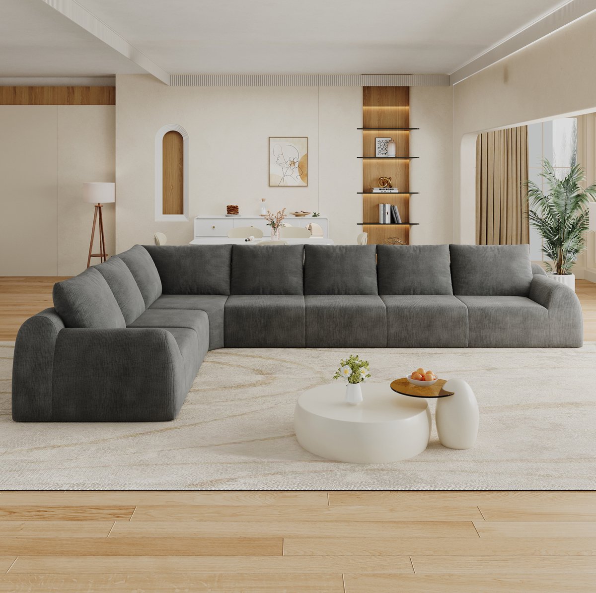 Hoekbank L Vormig Donkergrijs Chenille Stof 7 Zitplaatsen Comfortabele Lage Bank Voor Woonkamer Modern Interieur
