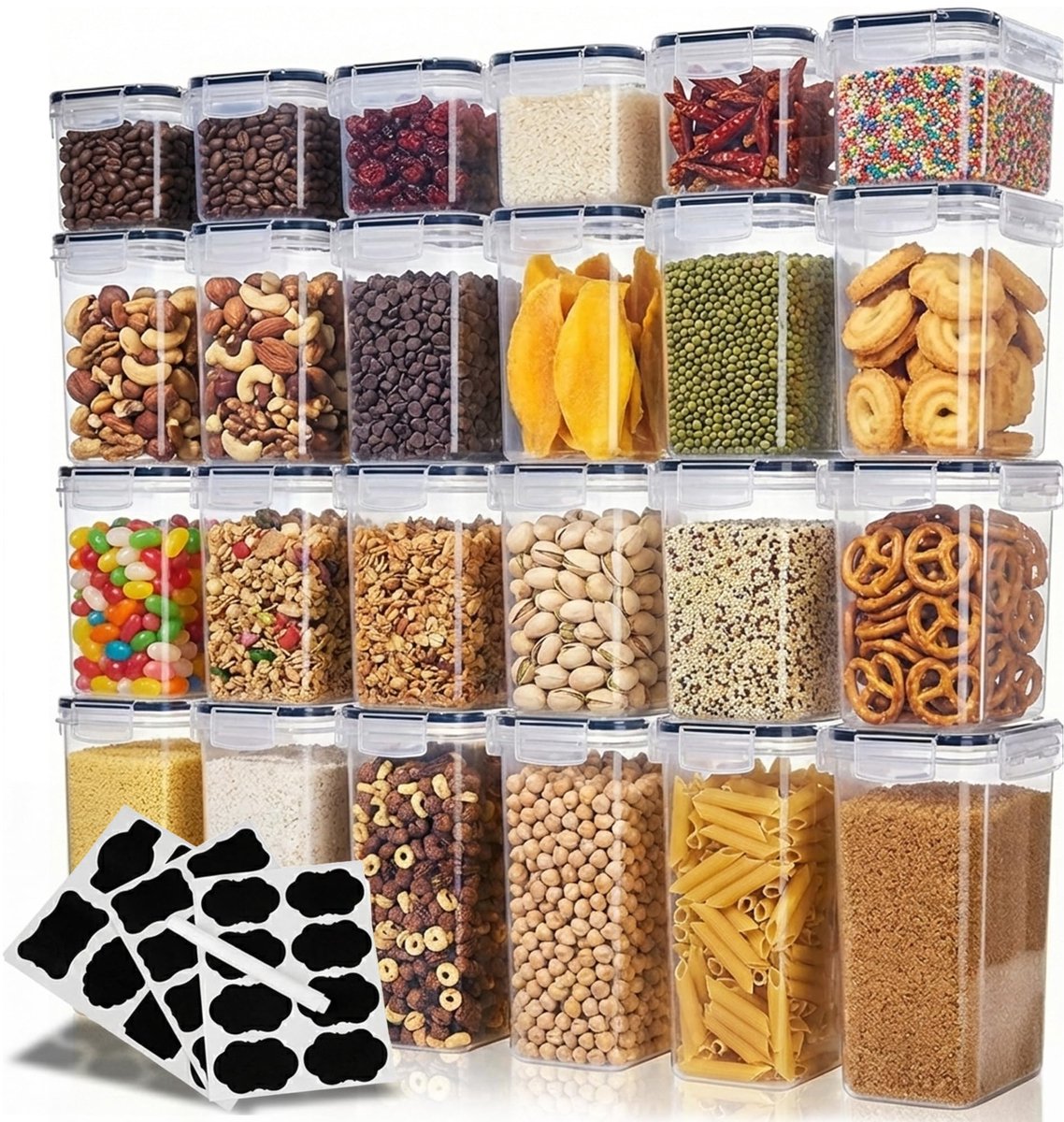 Famanu – Luchtdichte bewaardozen set van 24, BPA-vrije opbergdozen voor de keuken, voorraadpotten voor rijst, granen, meel en suiker, inclusief etiketten en marker