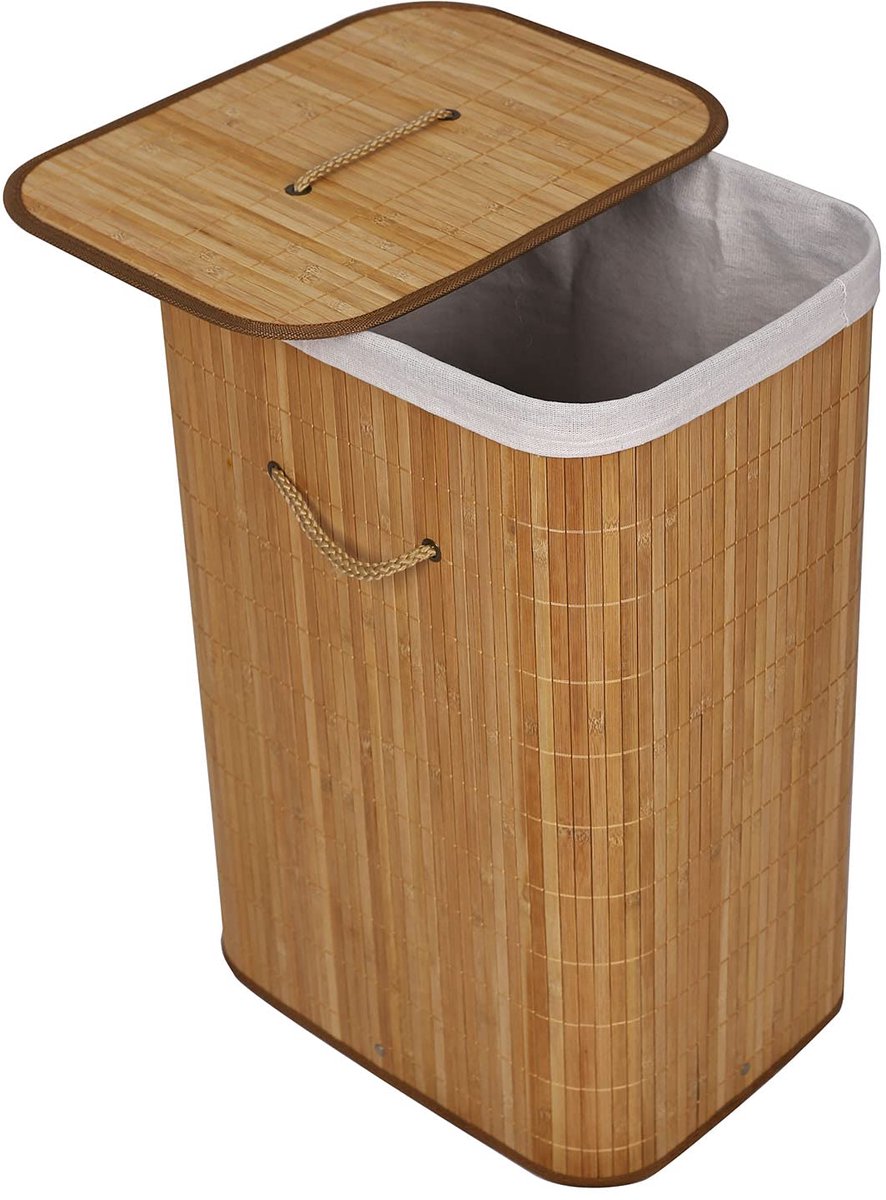 Famanu – Bamboe wasmand van 72 liter in natuurkleur, 40 x 30 x 60 cm, wasbox met linnen waszak, rechthoekige waskorf met handvaten en deksel
