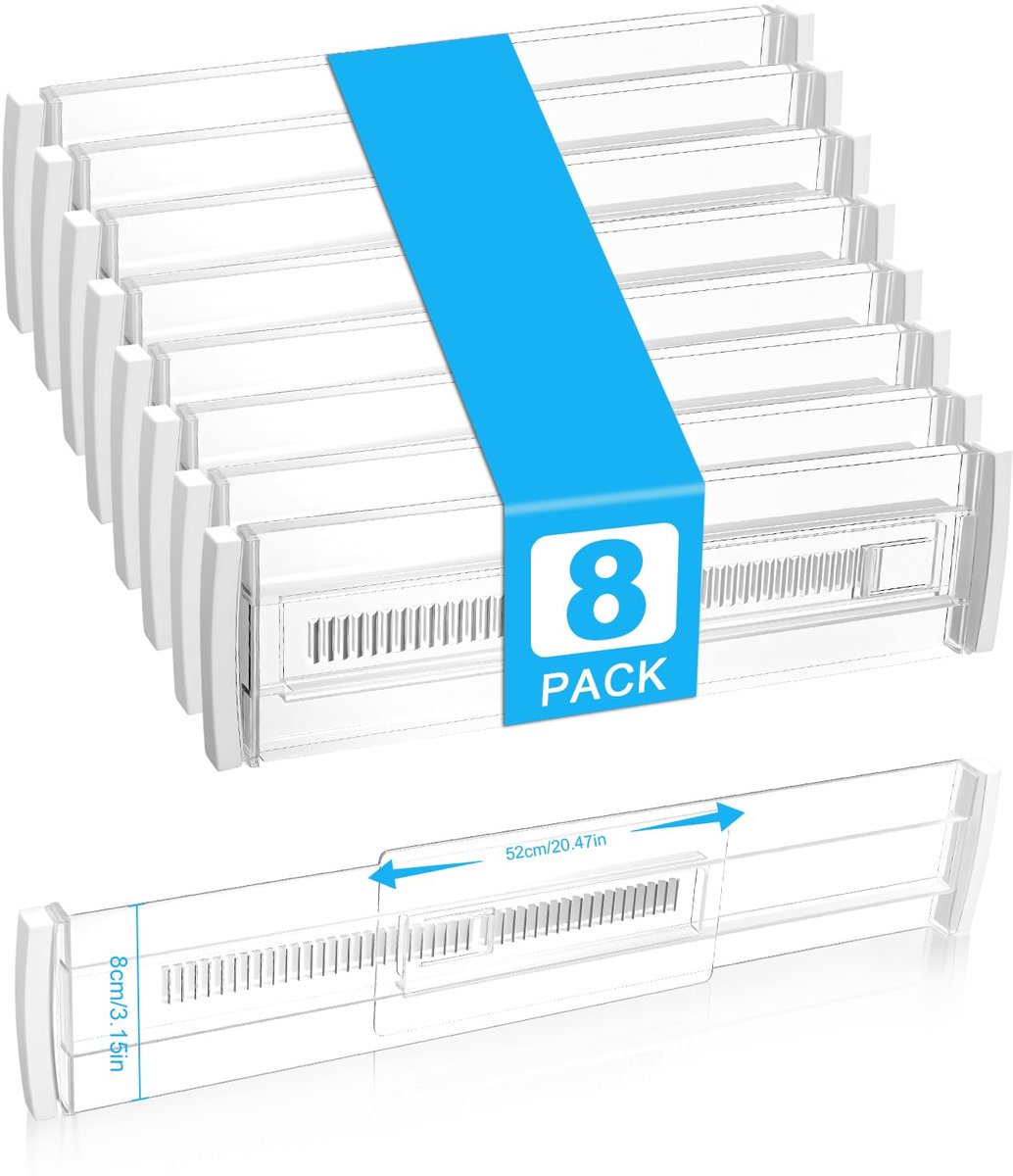 Famanu – Set van 8 ladeverdelers, verstelbaar, kunststof, 28,5 - 50,5 cm, keuken, verstelbare ladeverdeler voor kledingkast, slaapkamer, commode, keuken, transparant