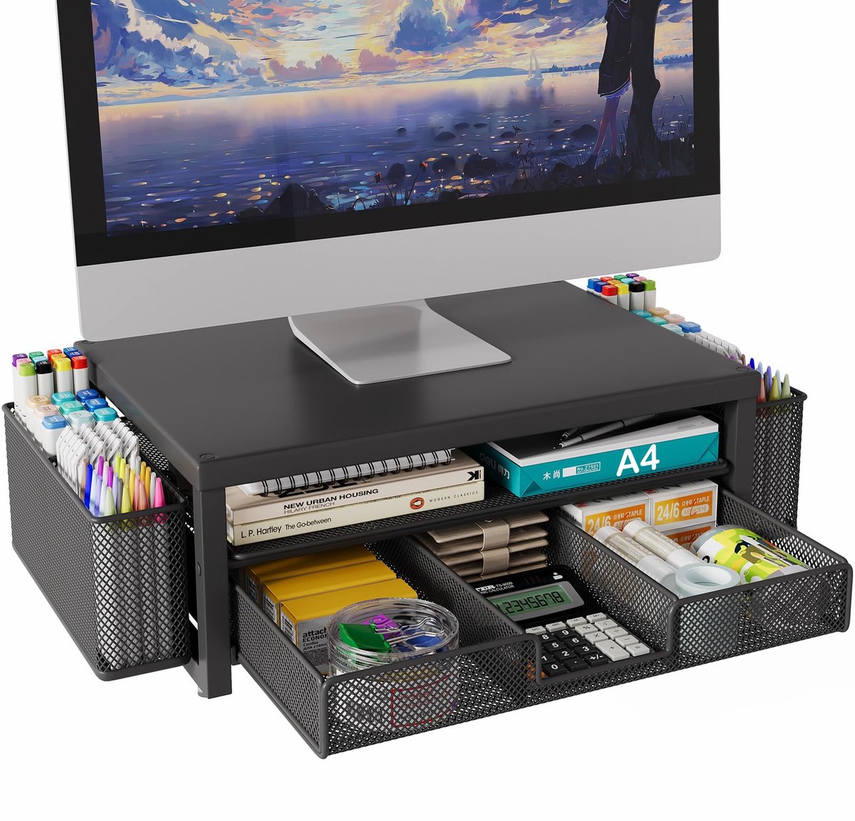 Famanu – Metalen monitorstandaard verhoging met lade en 2 penhouders, laptop pc-verhoging voor bureau, zwart