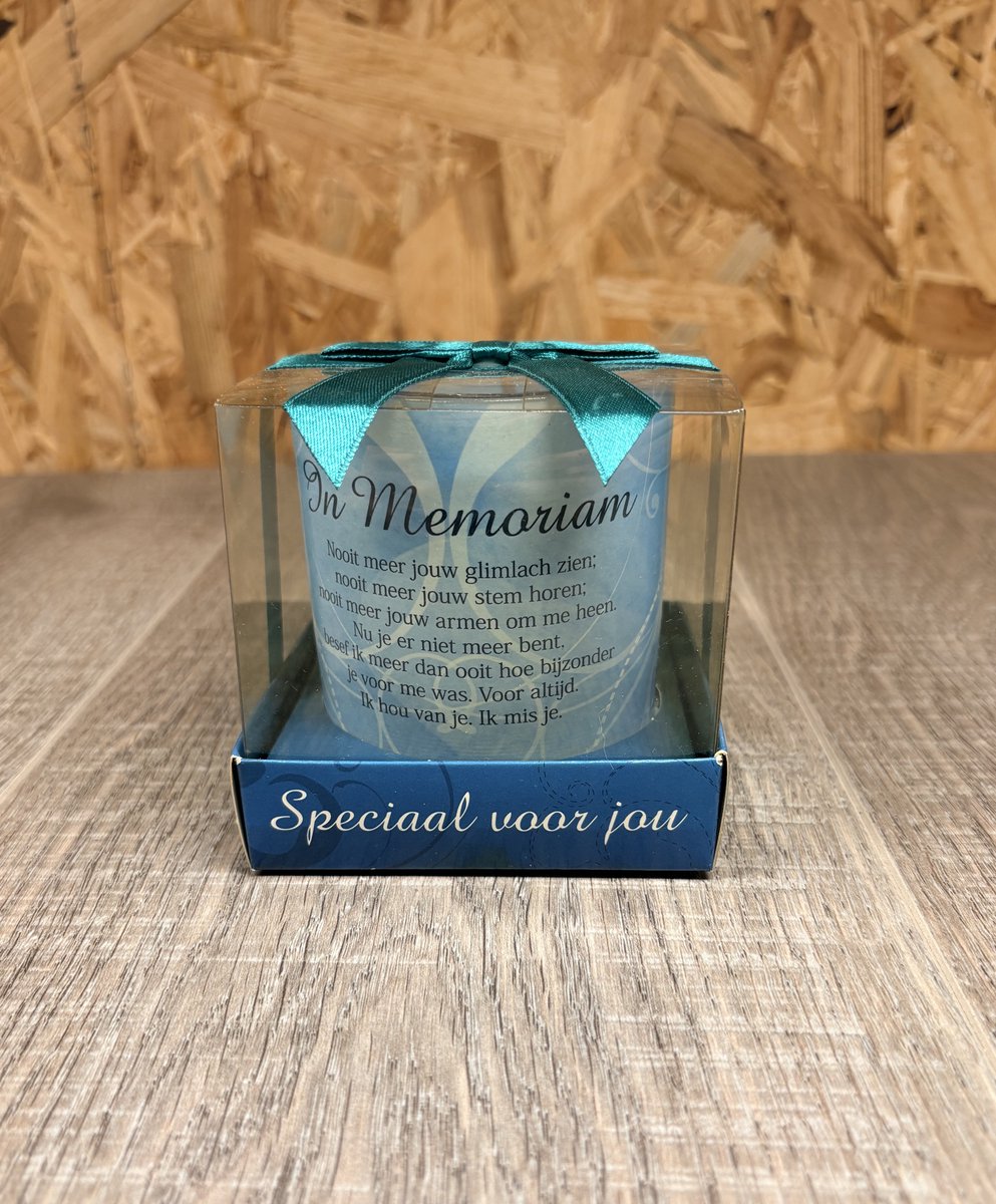 In Memoriam Kaars in Glas – Herdenkingskaars met Tekst – Troostcadeau – Geschenkverpakking – Blauw