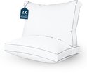 Set van twee witte kussens met grijze biezen en een blauw label met '2X IN THE PACKAGE'.