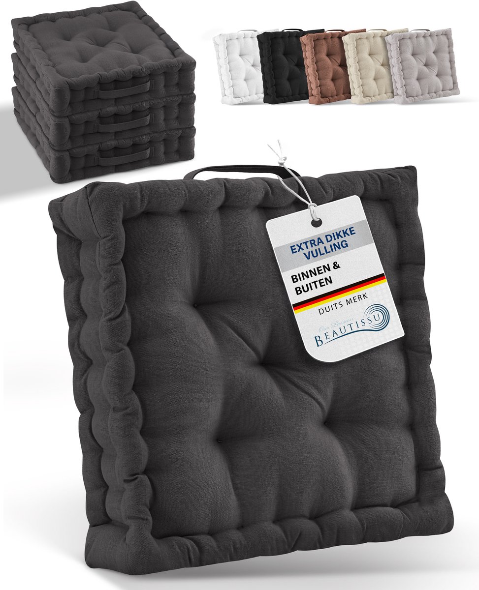 Beautissu Zitkussen Set van 4 Matraskussen 50x50x8 cm - vloerkussen met praktische draaggreep - kussen antraciet - Mila