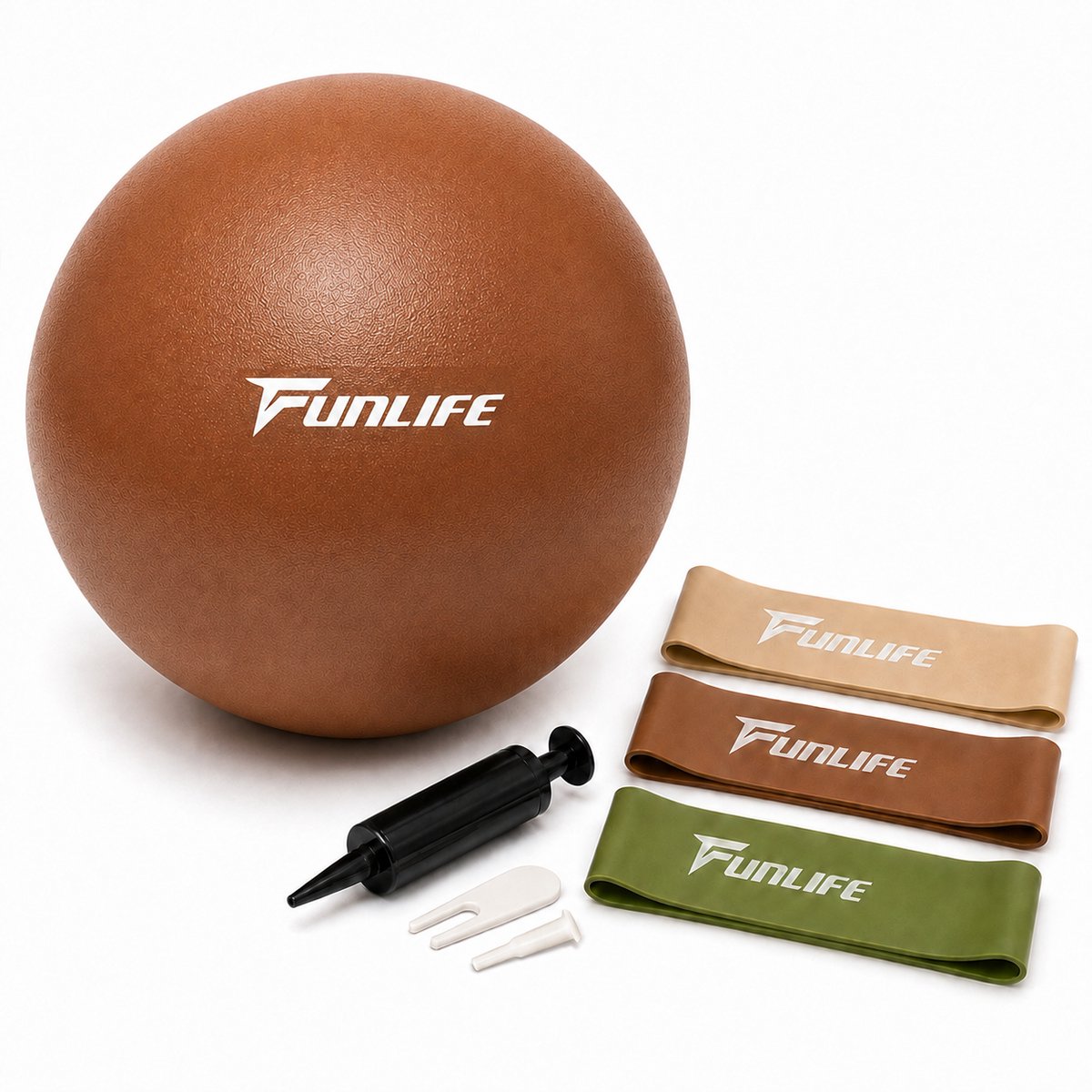 FunLife Pilatesbal Set 25 cm met Pomp en 3 Weerstandsbanden – Kleine Fitnessbal voor Pilates, Yoga, Core- en Balanstraining – Karamelbruin