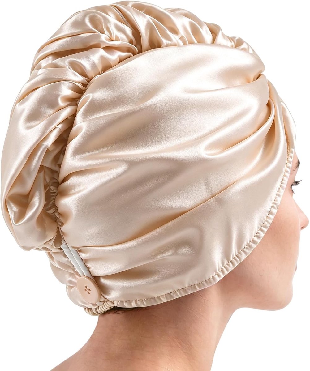 Satin Hair Towel Wrap 70x25cm, Double Layer Microfiber Hair Drying Towel Wrap, Super Absorbent Hair Towel with Button - ShopVlot