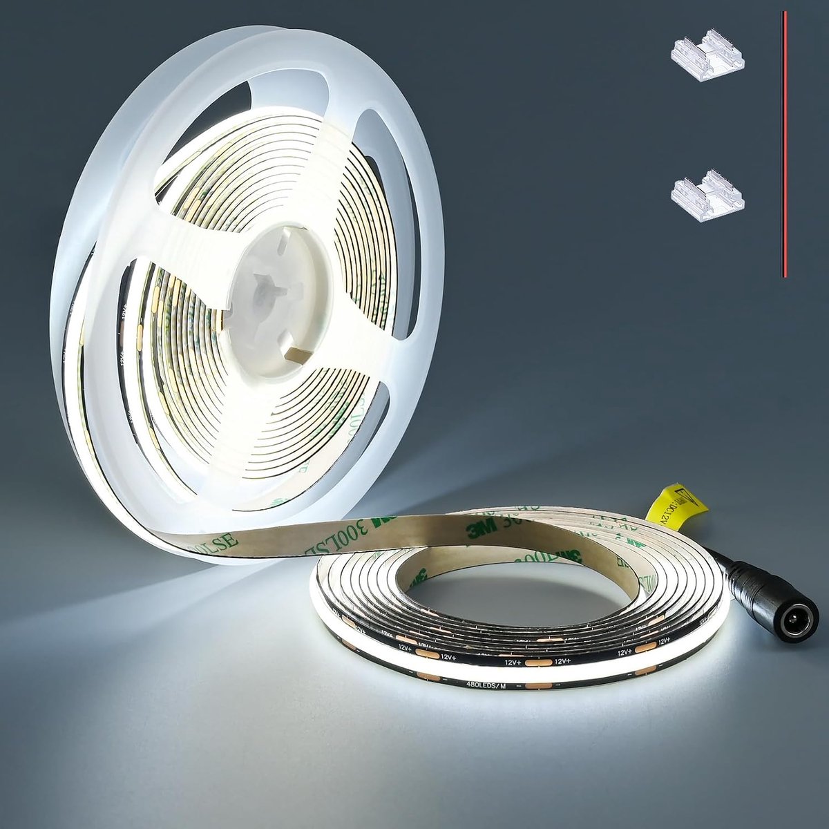 TOPAI 12V COB LED strip 5M cold white 6000K black PCB dimmable 480LED/M CRI>90 very bright 4000Lm self adhesive - ShopVlot