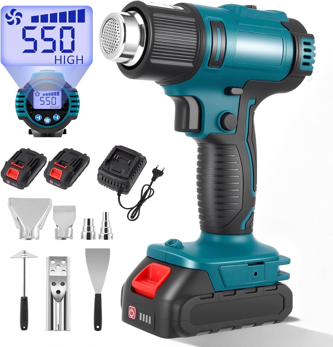Hot Air Gun, Battery, Hot Air Gun with 2 x 4.0 Ah Battery, 50-550 °C, Plastic Welding Machine, Wireless, with 5 - ShopVlot