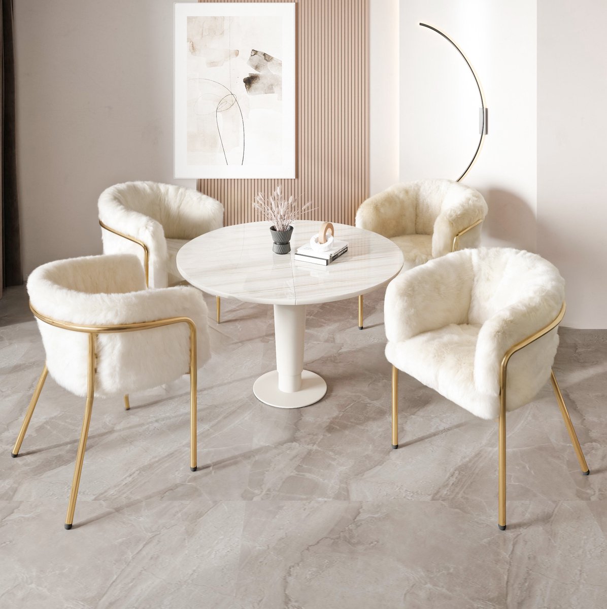 FloraGrace Eetkamerstoel – Luxe Vrijetijdsstoel Met Armleuningen – Set Van 4 – Zachte Imitatiebont Bekleding – Metaal – Wit