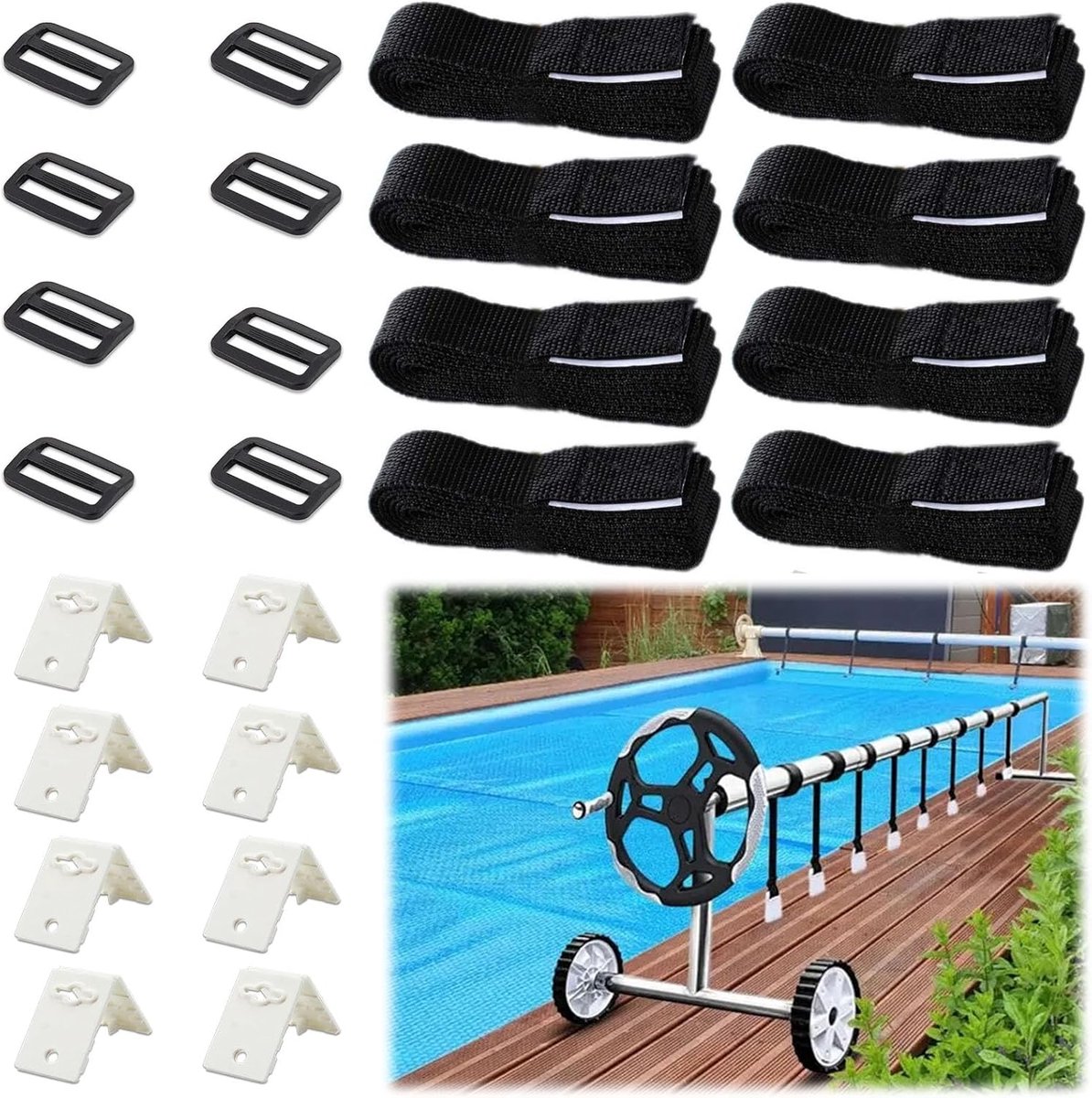 Poweka Mounting kit for solar cover roller, pool accessories, 8 nylon adhesive strips and fastener, 8 mounting plates - ShopVlot