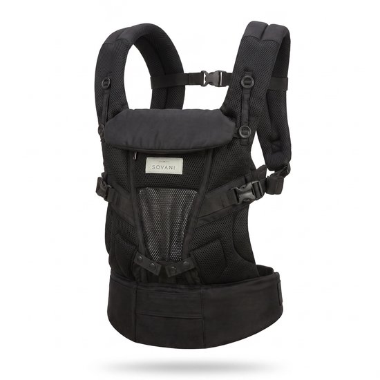 Zwarte ergonomische Sovani draagzak met verstelbare banden en een ademend mesh-paneel.